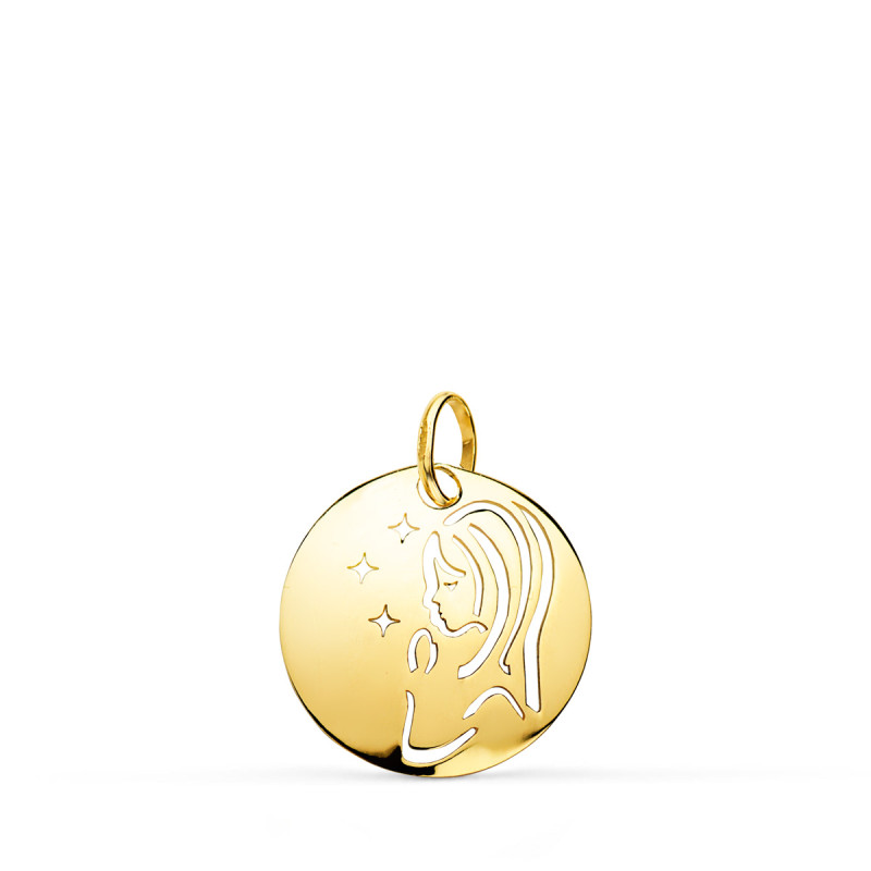 9K MEDALLA ORO AMARILLO VIRGEN NIÑA ORO AMARILLO REDONDA CALADA TUMBO EN BRILLO 15 MM