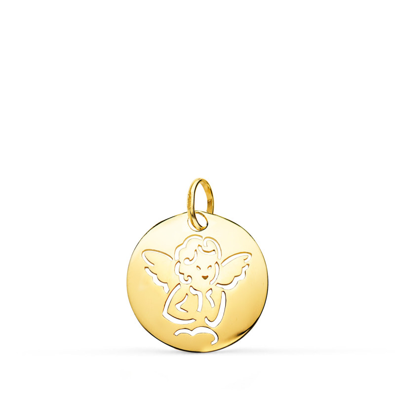 9K MEDALLA ORO AMARILLO ANGELITO ORO AMARILLO REDONDA CALADA TUMBO EN BRILLO 15 MM