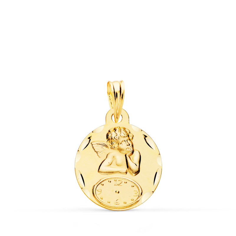 9K MEDALLA ORO AMARILLO REDONDA ANGELITO BURLON CON RELOJ TALLADA 15 MM