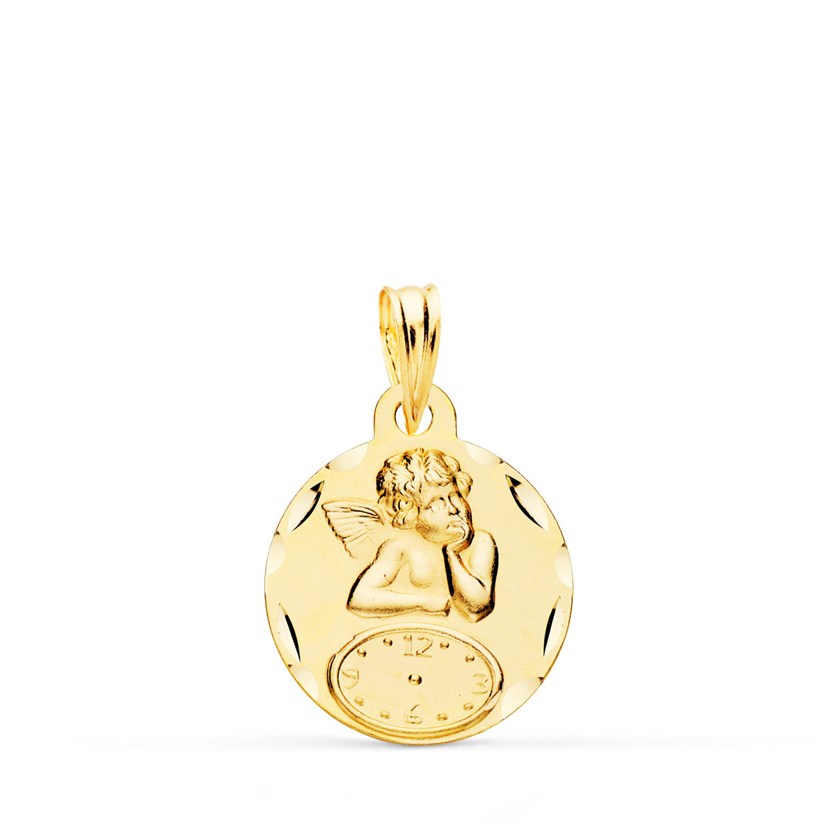 9K MEDALLA ORO AMARILLO REDONDA ANGELITO BURLON CON RELOJ TALLADA 15 MM