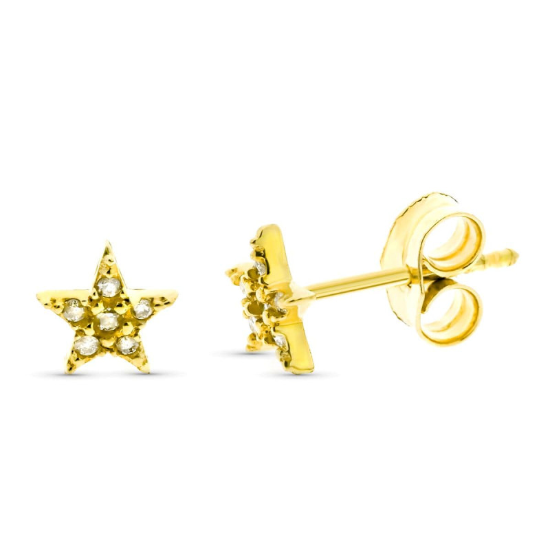 9K PENDIENTES ORO AMARILLO ESTRELA DIAMANTES 0.066 QTS TOTAL 6 MM PRESION