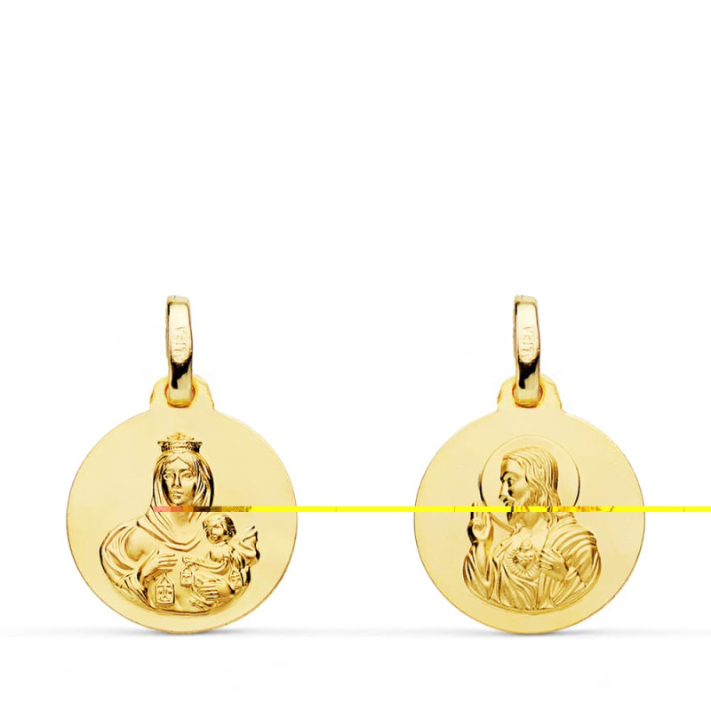 9K ESCAPULARIO ORO AMARILLO LISO VIRGEN DEL CARMEN CORAZON DE JESUS 14 MM