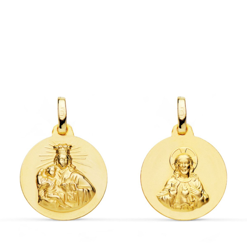 9K ESCAPULARIO ORO AMARILLO VIRGEN DEL CARMEN Y CORAZON DE JESUS LISO 16 MM