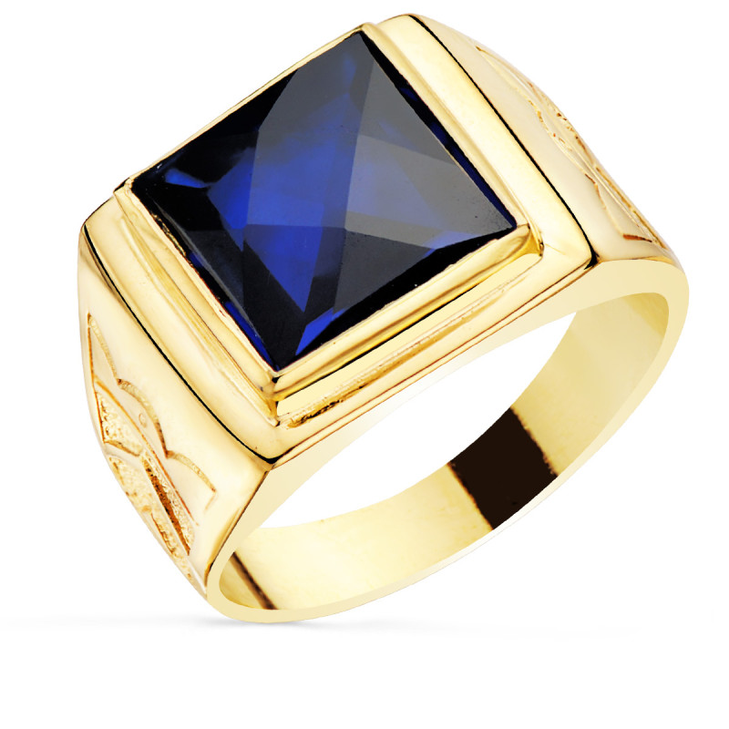 18K SELLO CUADRADO ORO AMARILLO MACIZO CON PIEDRA SPINEL ZAFIRO TALLA DAMERO 12X12 MM