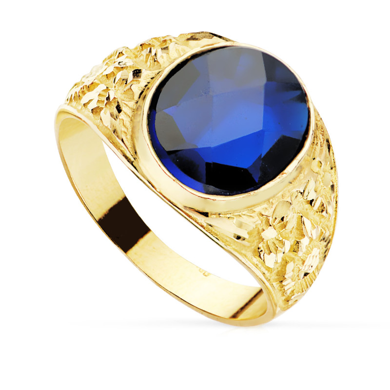 18K SELLO CABALLERO TALLADO ORO AMARILLO MACIZO PIEDRA SPINEL ZAFIRO AZUL OVAL 12 X10 MM