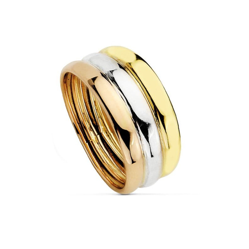 18K SORTIJA ORO TRICOLOR TRES BANDAS BRILLO ANCHO 8.5 MM