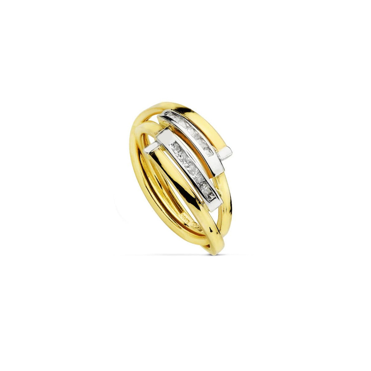 18K SORTIJA ORO BICOLOR BANDAS CON CIRCONITA BAGUETTE. ANCHO: 10 MM