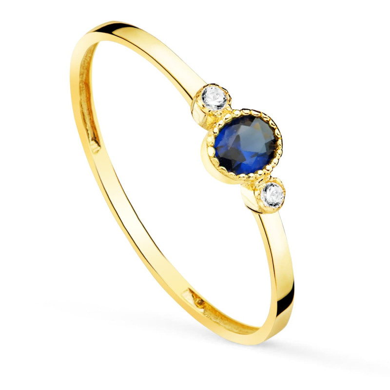 18K SORTIJA ORO AMARILLO PIEDRA AZUL Y CIRCONITA 4X3 MM ANCHO CUERPO 1.2 MM