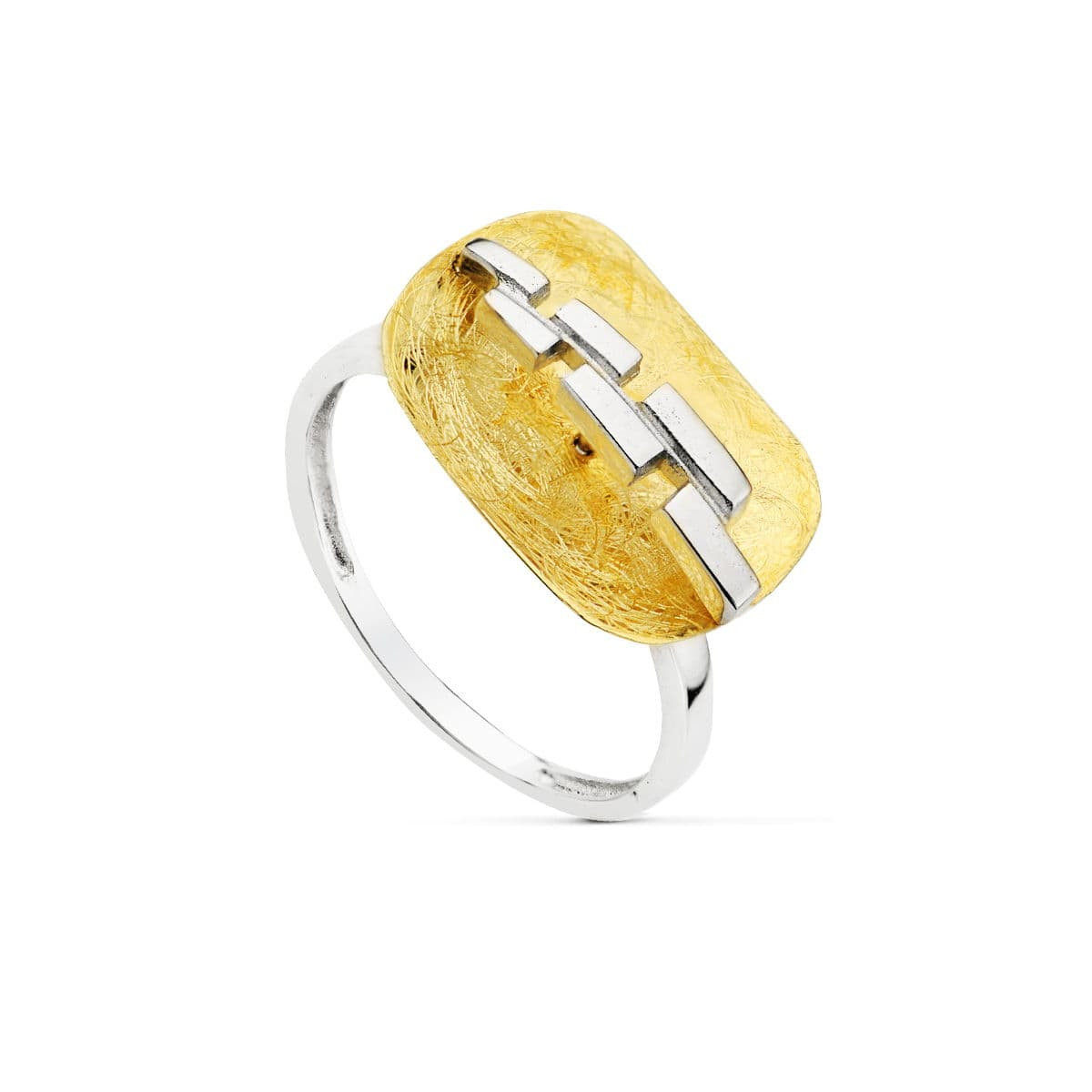 18K SORTIJA ORO BICOLOR MOTIVO RECTANGULAR MATIZADO. ANCHO: 11,5 MM