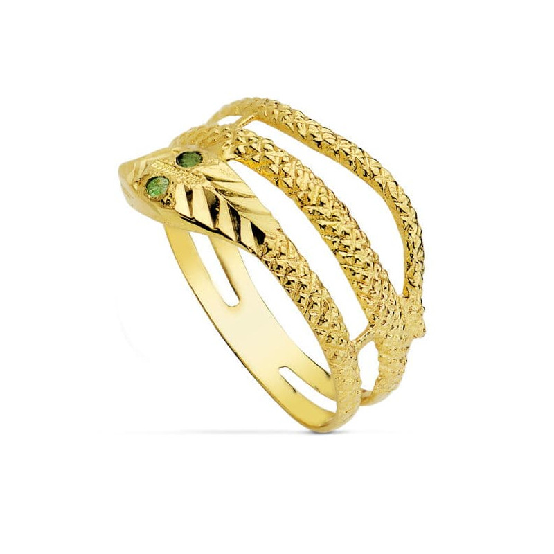 18K SORTIJA ORO AMARILLO SERPIENTE 2 VUELTAS OJOS ESMERALDAS. ANCHO: 10 MM