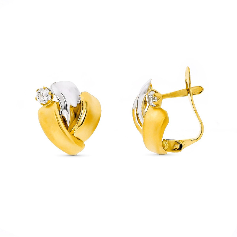 9K PENDIENTES ORO BICOLOR BANDAS CON CIRCONTIAS. 12X10 MM CIERRE CATALAN