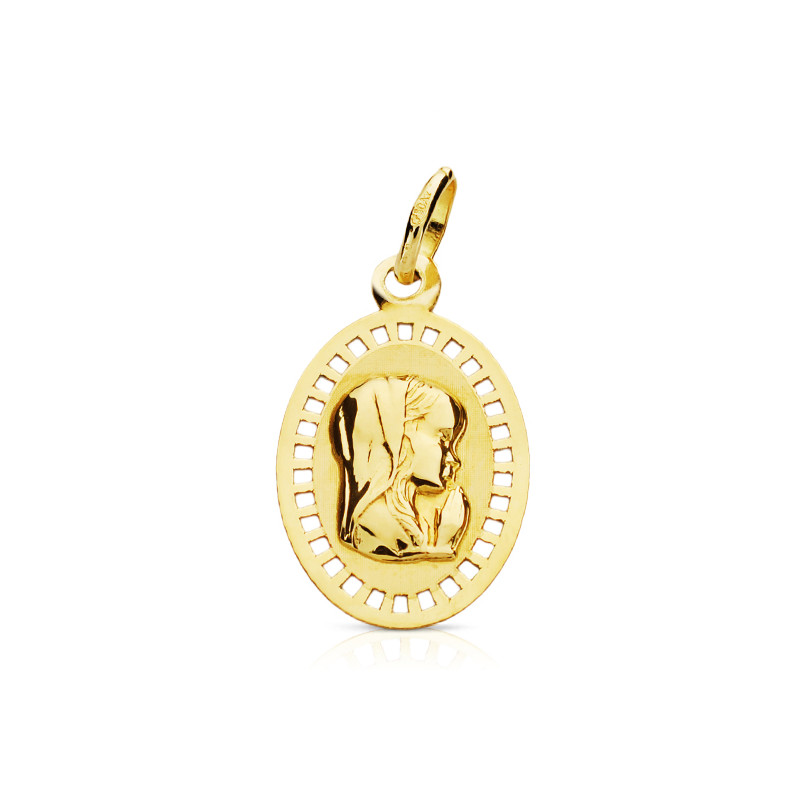 9K MEDALLA ORO AMARILLO VIRGEN NIÑA CERCO CALADO 19X12 MM
