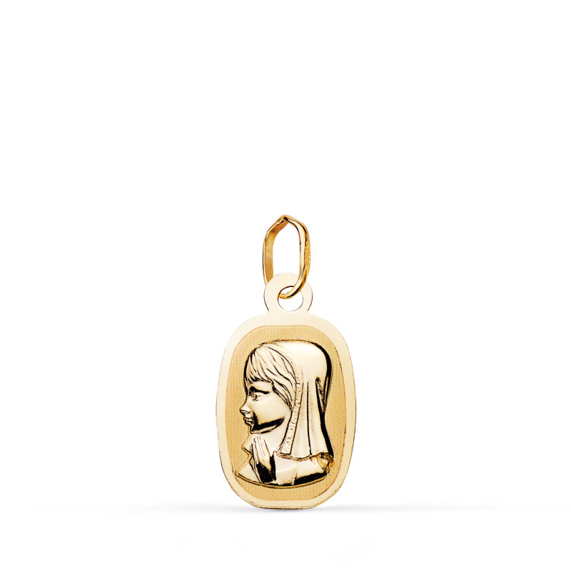 9K MEDALLA ORO AMARILLO VIRGEN NIÑA LIGERA TONEL MATE Y BRILLO. MEDIDA: 17 X 10 MM