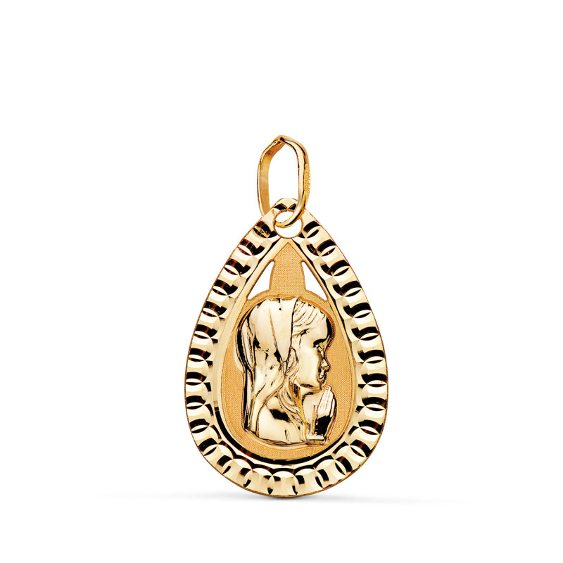 9K MEDALLA ORO AMARILLO VIRGEN NIÑA LAGRIMA TALLADA MATE Y BRILLO. MEDIDA: 20X13 MM
