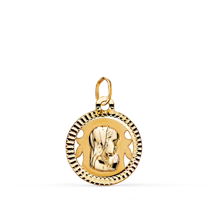 9K MEDALLA ORO AMARILLO VIRGEN NIÑA REDONDA TALLADA MATE Y BRILLO. MEDIDA: 16 MM