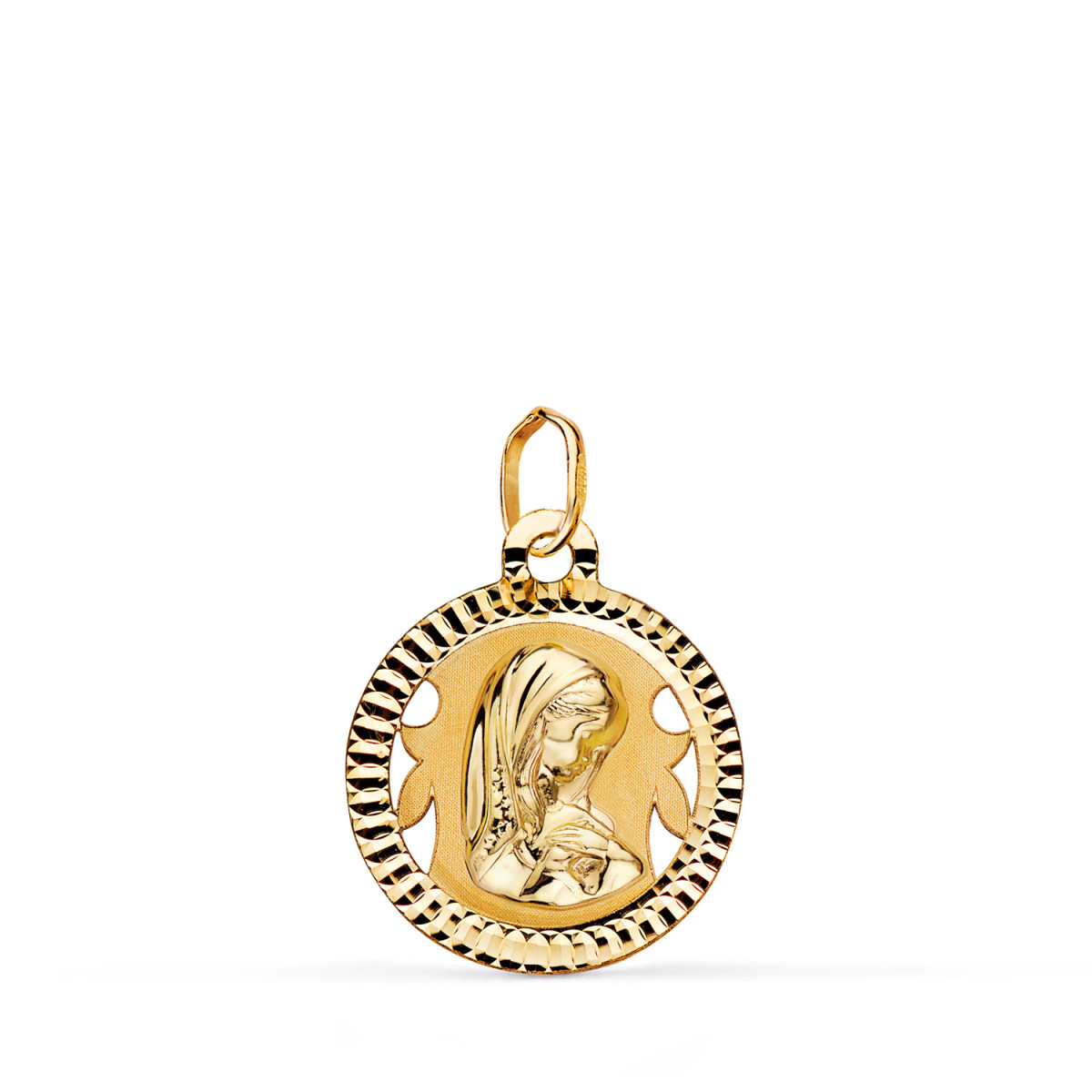 9K MEDALLA ORO AMARILLO VIRGEN NIÑA REDONDA TALLADA MATE Y BRILLO. MEDIDA: 16 MM