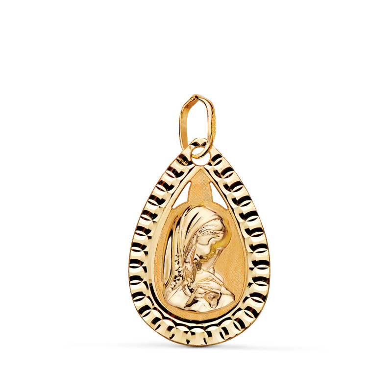 9K MEDALLA ORO AMARILLO GOTA CON VIRGEN NIÑA Y BORDE TALLADO 20X13 MM