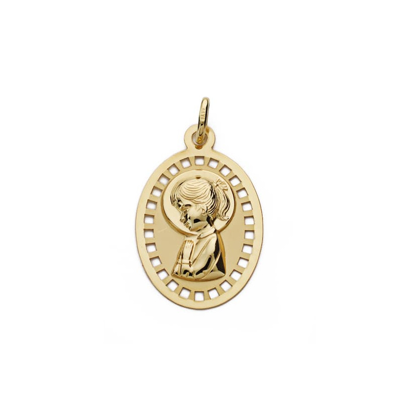 9K MEDALLA ORO AMARILLO VIRGEN NIÑA CALADA 23X14 MM