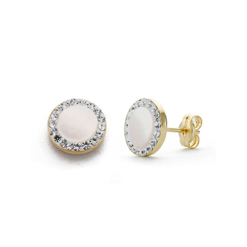 9K PENDIENTES ORO AMARILLO NACAR CIRCONITA 8 MM CIERRE PRESION