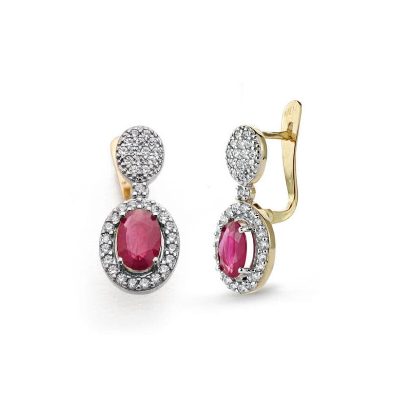 9K PENDIENTES ORO BICOLOR RUBI FINO 0.96 QT Y CIRCONITA 18X8 MM CIERRE CATALAN