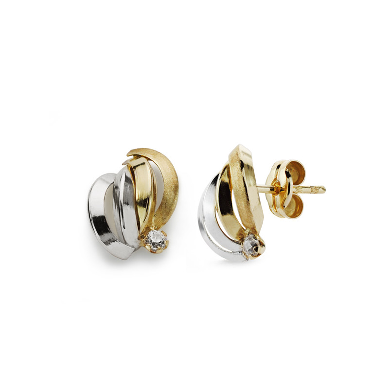 9K PENDIENTES ORO BICOLOR BANDAS CON CIRCONITA 10X9 MM CIERRE PRESION