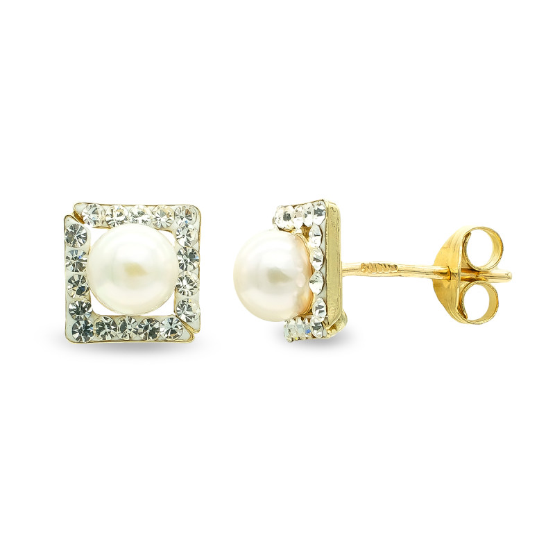 9K PENDIENTES ORO AMARILLO PERLA 4 MM Y CIRCONITA CIERRE PRESION