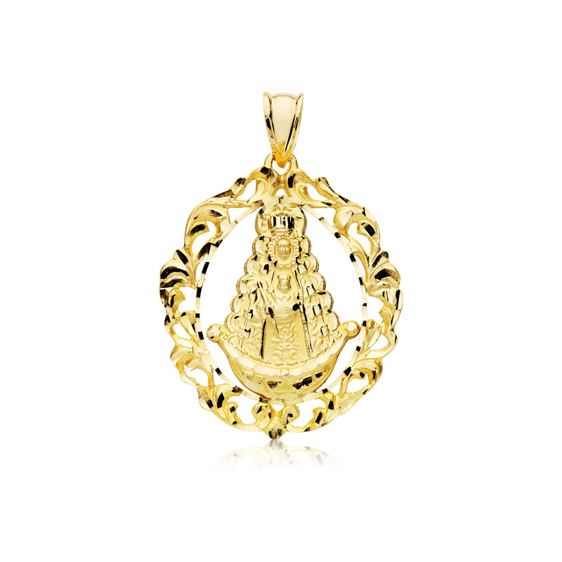 9K MEDALLA ORO AMARILLO ORLA VIRGEN DEL ROCIO. 40X33 MM