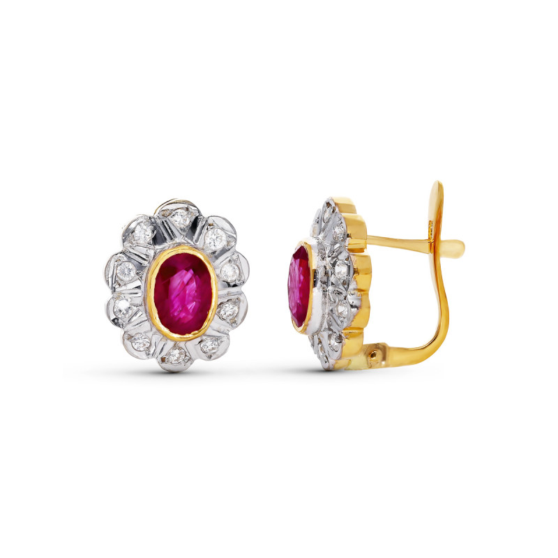 18K PENDIENTES ORO BICOLOR PIEDRA OVAL Y CIRCONITA CIERRE CATALAN