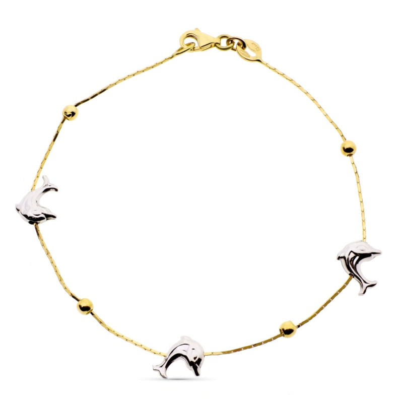 18K PULSERA ORO BICOLOR DELFINES Y BOLAS LISAS 19CM