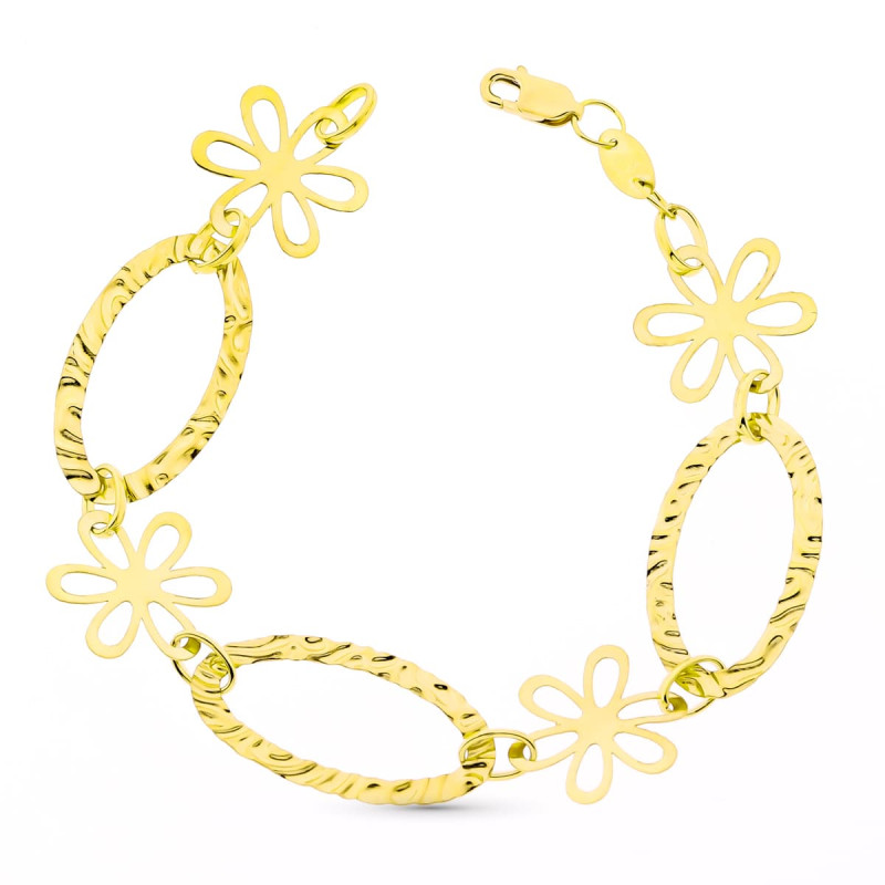 18K PULSERA ORO AMARILLO ESLABONES Y FLORES 19CM