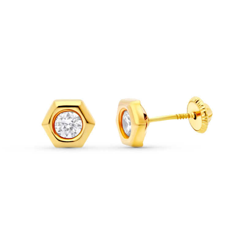 18K PENDIENTES ORO AMARILLO CHATON  HEXAGONO. 7X6 MM. CIERRE TUERCA