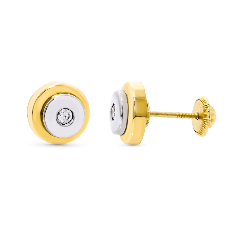 18K PENDIENTES ORO BICOLOR REDONDOS CIRCONITA 8 MM CIERRE TUERCA