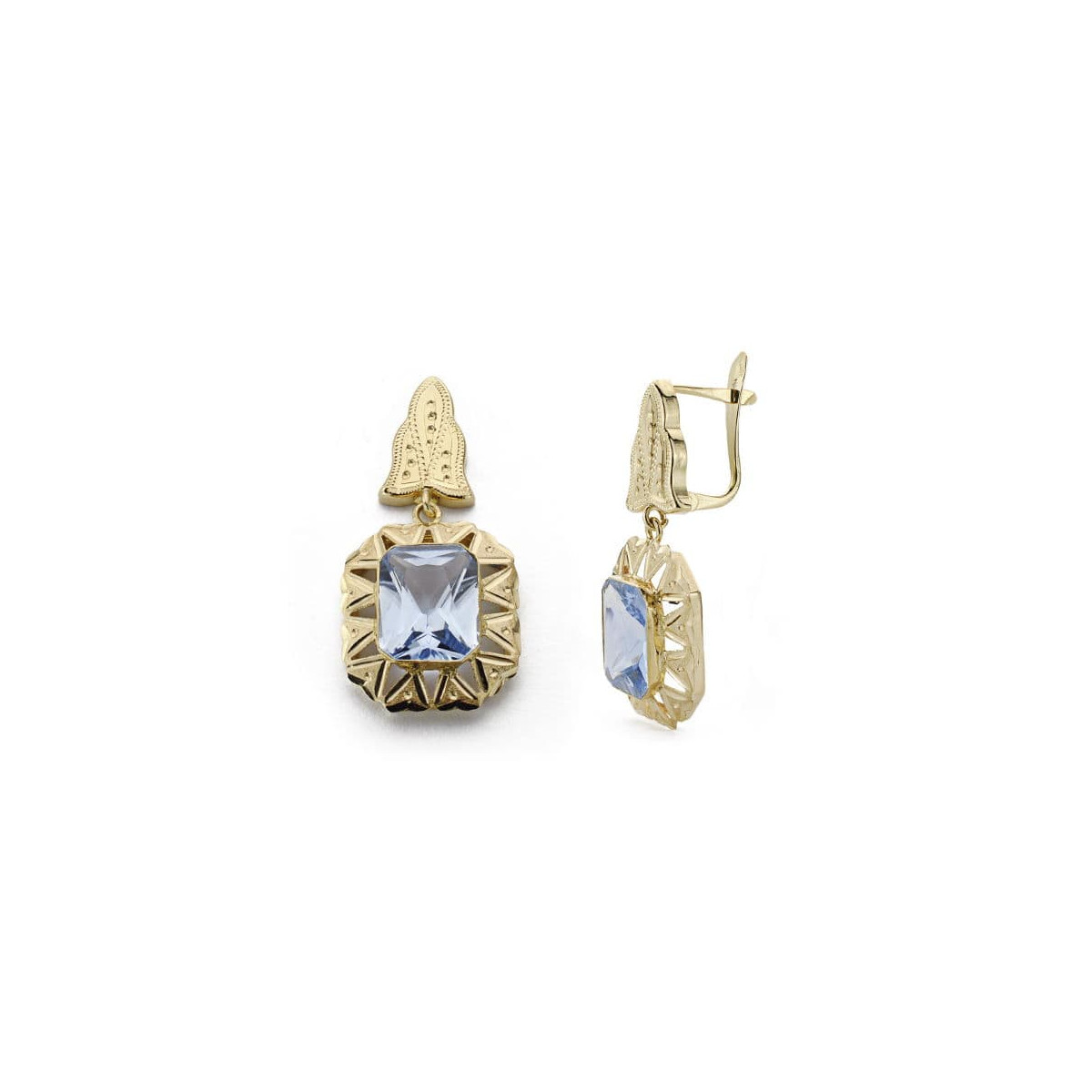18K PENDIENTES CUBANAS 2 CUERPOS ORO AMARILLO PIEDRA RECTANGULAR CIERRE CATALAN