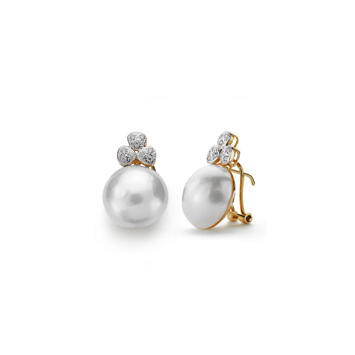 18K PENDIENTES ORO AMARILLO PERLA JAPONESA 14 MM CIERRE OMEGA