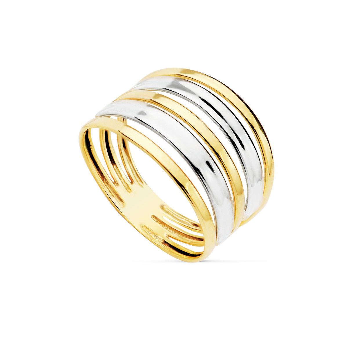 18K SORTIJA ORO BICOLOR BANDAS EN BRILLO ANCHO 13 MM