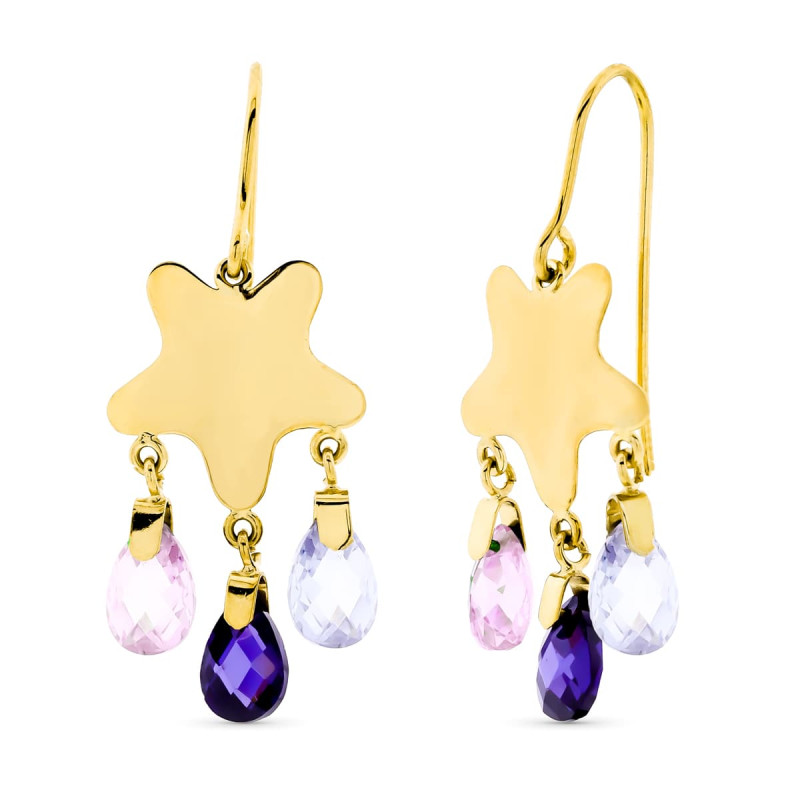 18K PENDIENTES ORO AMARILLO LARGOS PIEDRA COLOR ESTRELLA CIERRE GANCHO