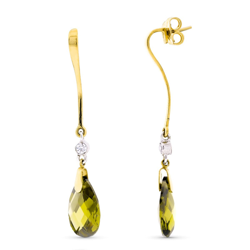 18K PENDIENTES ORO BICOLOR LARGOS OLIVINA 14X10 MM CIERRE PRESION