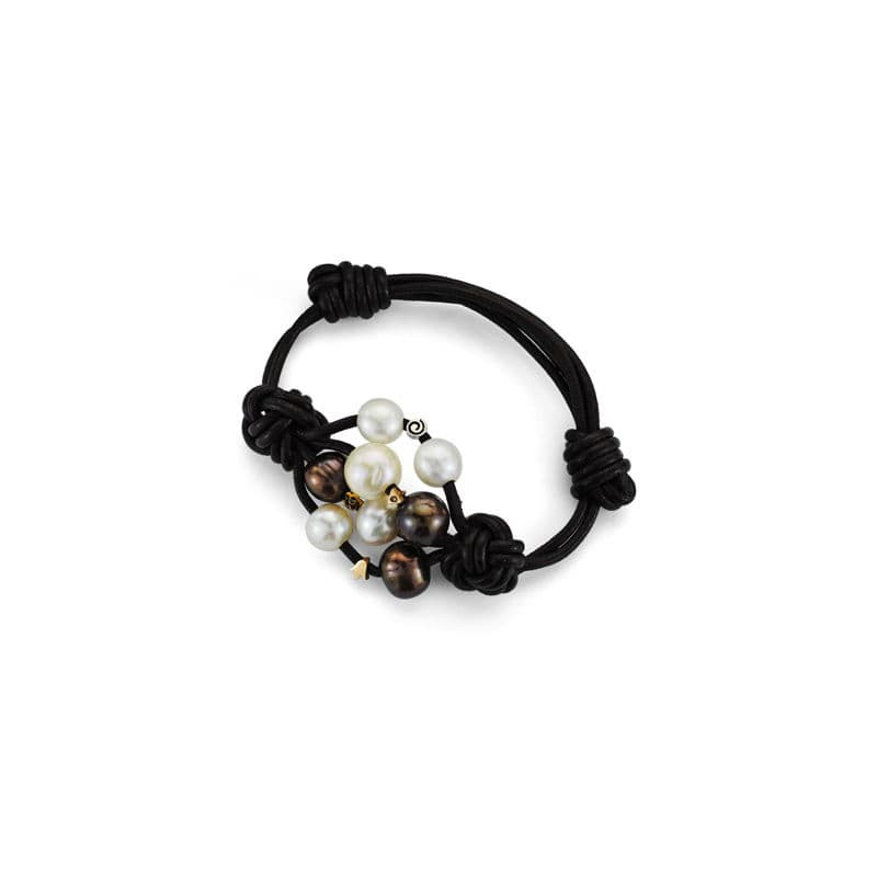 18K PULSERA CUERO PERLA Y DIAMANTE TALLA BRILLANTE