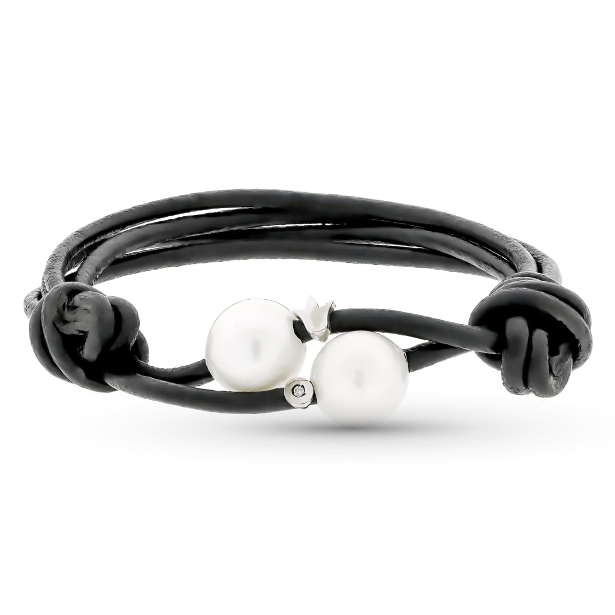 18K PULSERA CUERO PERLA Y DIAMANTE TALLA BRILLANTE