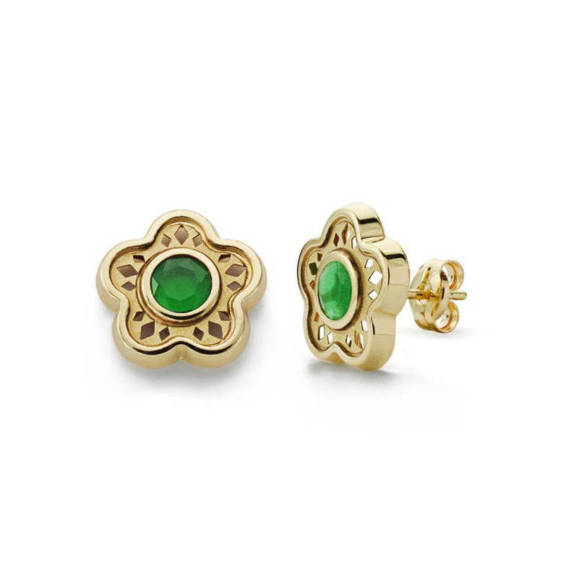 18K PENDIENTES FLOR PIEDRA COLOR VERDE ORO AMARILLO 11 MM CIERRE PRESION