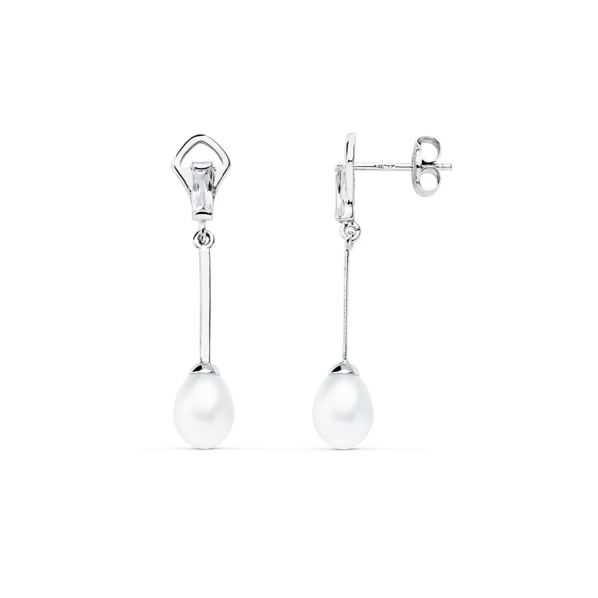 18K PENDIENTES ORO BLANCO CON CIRCONITAS BAGUETTE Y PERLAS. MEDIDA: 31X6 MM. CIERRE PRESION