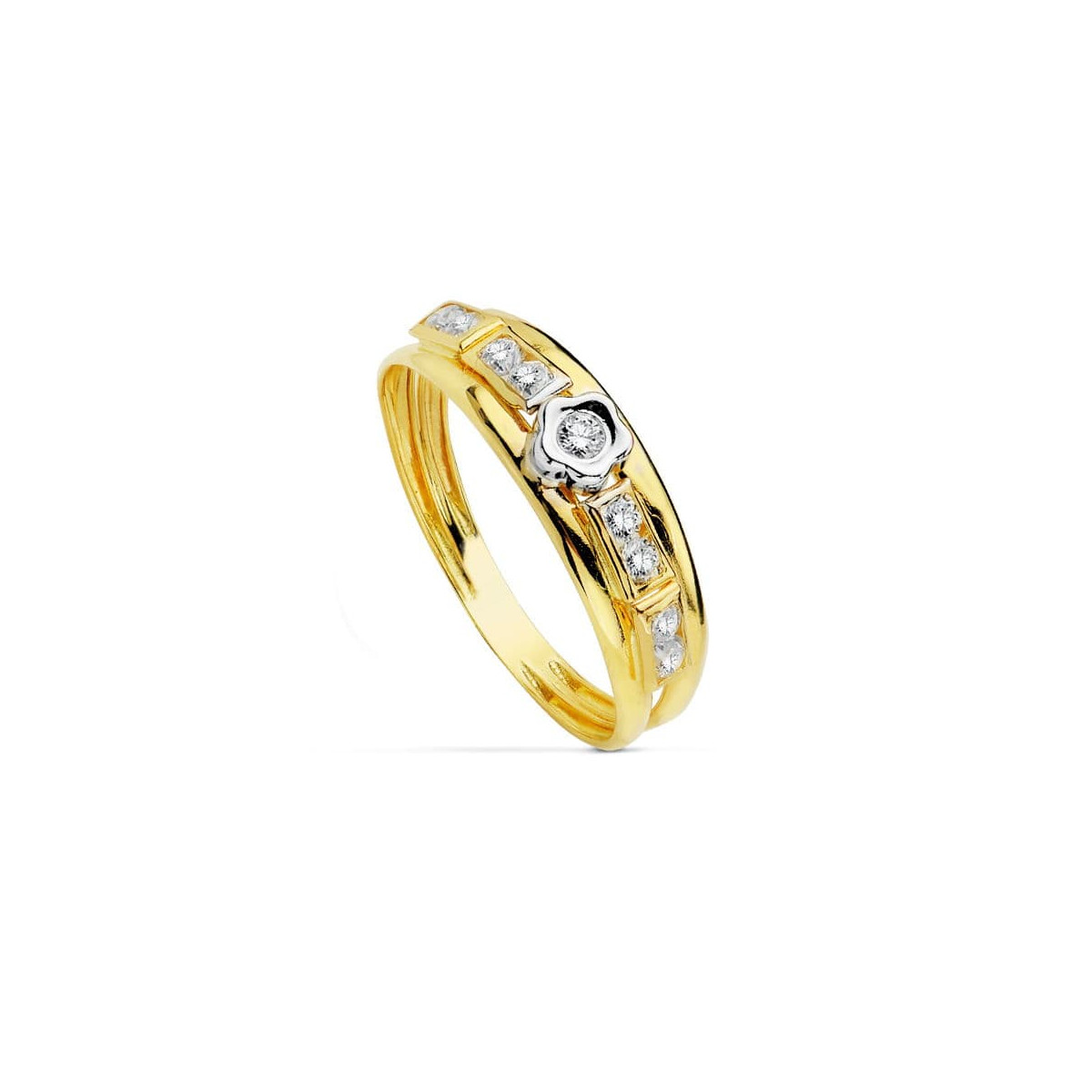 18K SORTIJA ORO BICOLOR CON FLOR Y CIRCONITAS. ANCHO: 5 MM