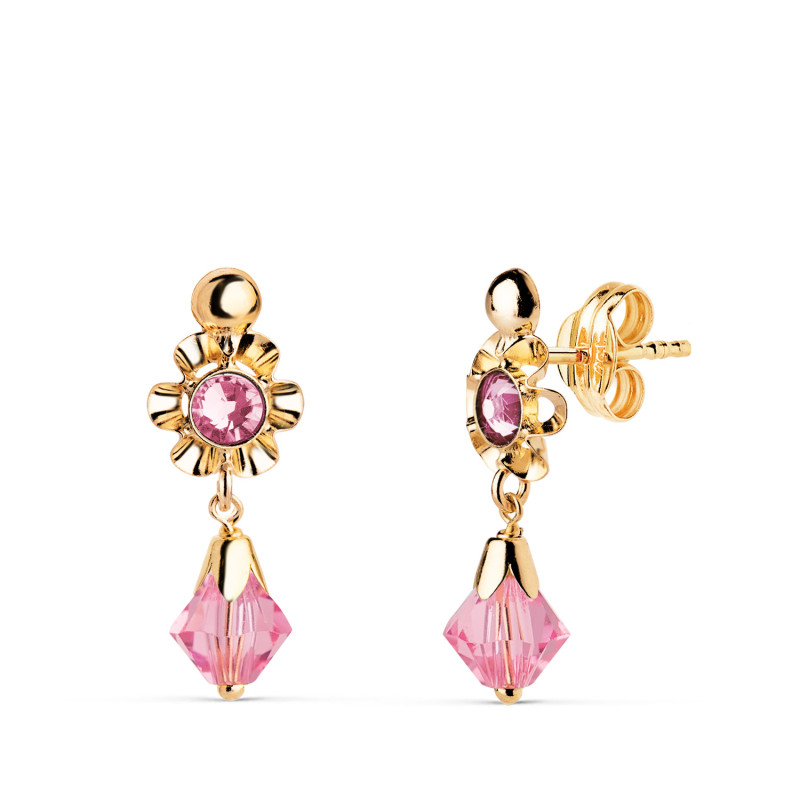 18K PENDIENTES ORO AMARILLO CUBANAS CON CIRCONITAS ROSAS. MEDIDA: 18 X 6,5 MM. CIERRE PRESION