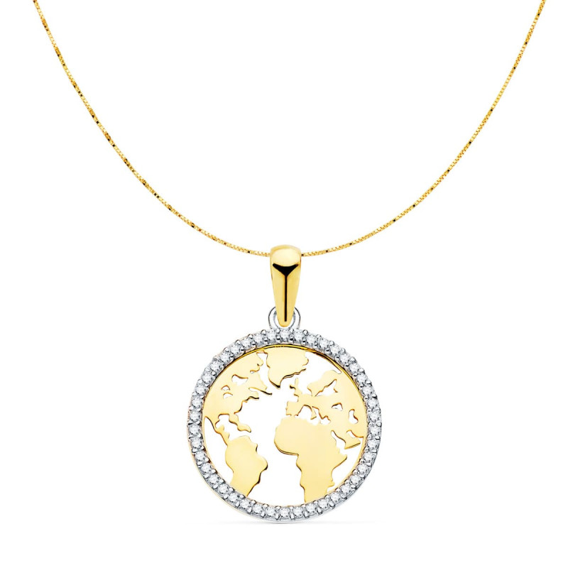 18K COLGANTE MAPAMUNDI ORO BICOLOR BOLA MUNDO CON CIRCONITA 16 MM CAD. VENECIANA 42+3 CM
