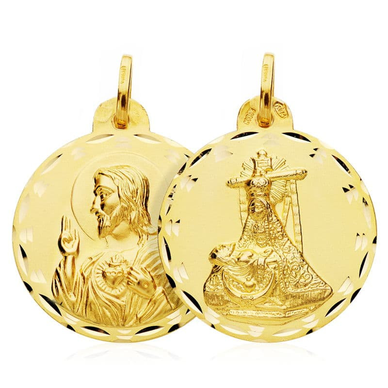 18K ESCAPULARIO ORO AMARILLO VIRGEN DE LAS ANGUSTIAS CORAZON DE JESUS 25 MM