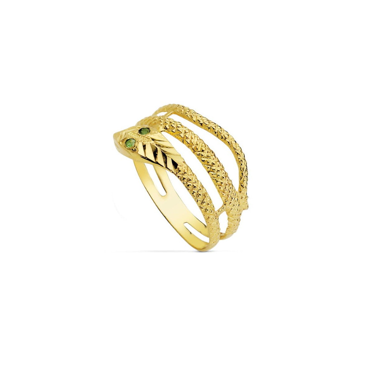 18K SORTIJA ORO AMARILLO SERPIENTE 2 VUELTAS OJOS ESMERALDAS. ANCHO: 10 MM