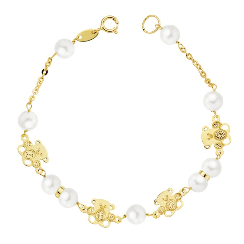 9K PULSERA ORO AMARILLO CON PERLAS CULTIVADAS 5 MM Y OSOS. LARGO: 17 CM