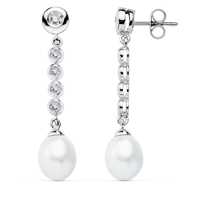 9K PENDIENTES ORO BLANCO PERLA 40X10 MM CIERRE PRESION