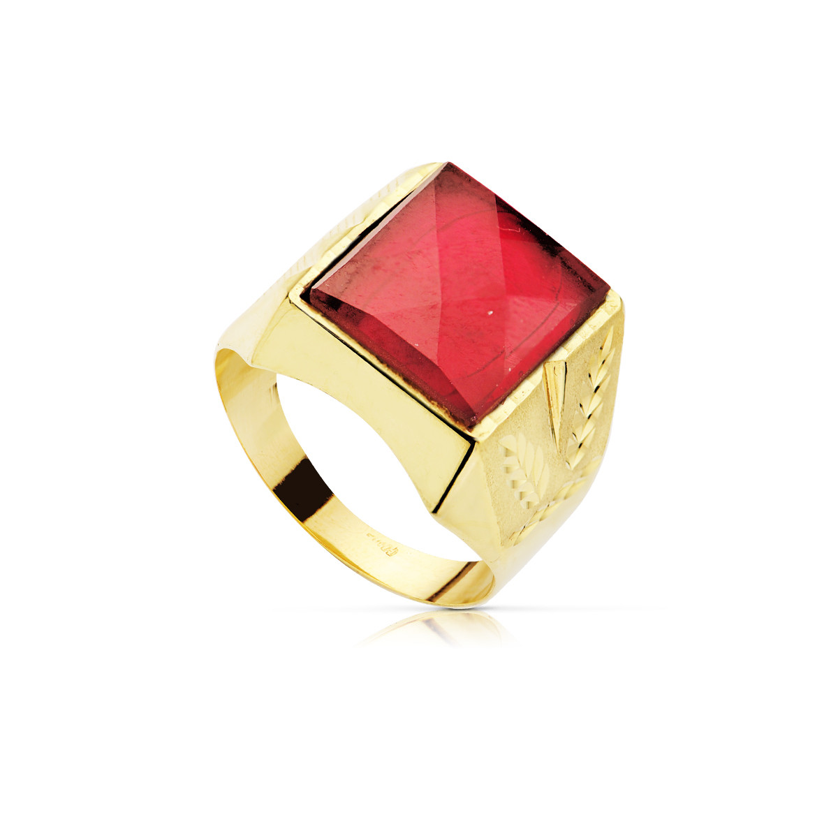 9K SELLO ORO AMARILLO HUECO CABALLERO LATERALES TALLADOS PIEDRA ROJA 13,5 X 11,5MM