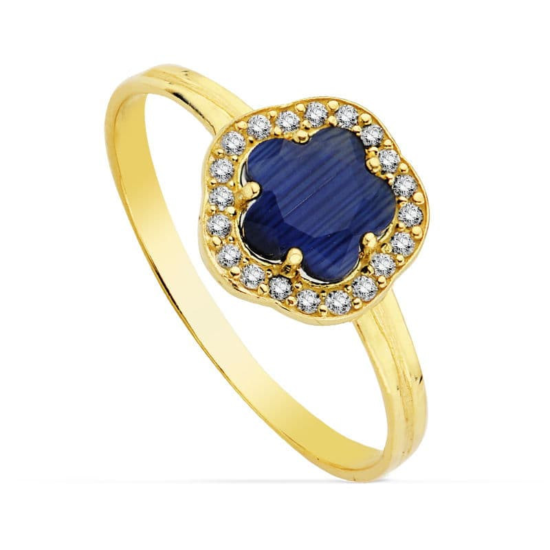 9K SORTIJA ORO AMARILLO CON ESTRELLA Y CIRCONTIA AZUL. ANCHO: 9 MM